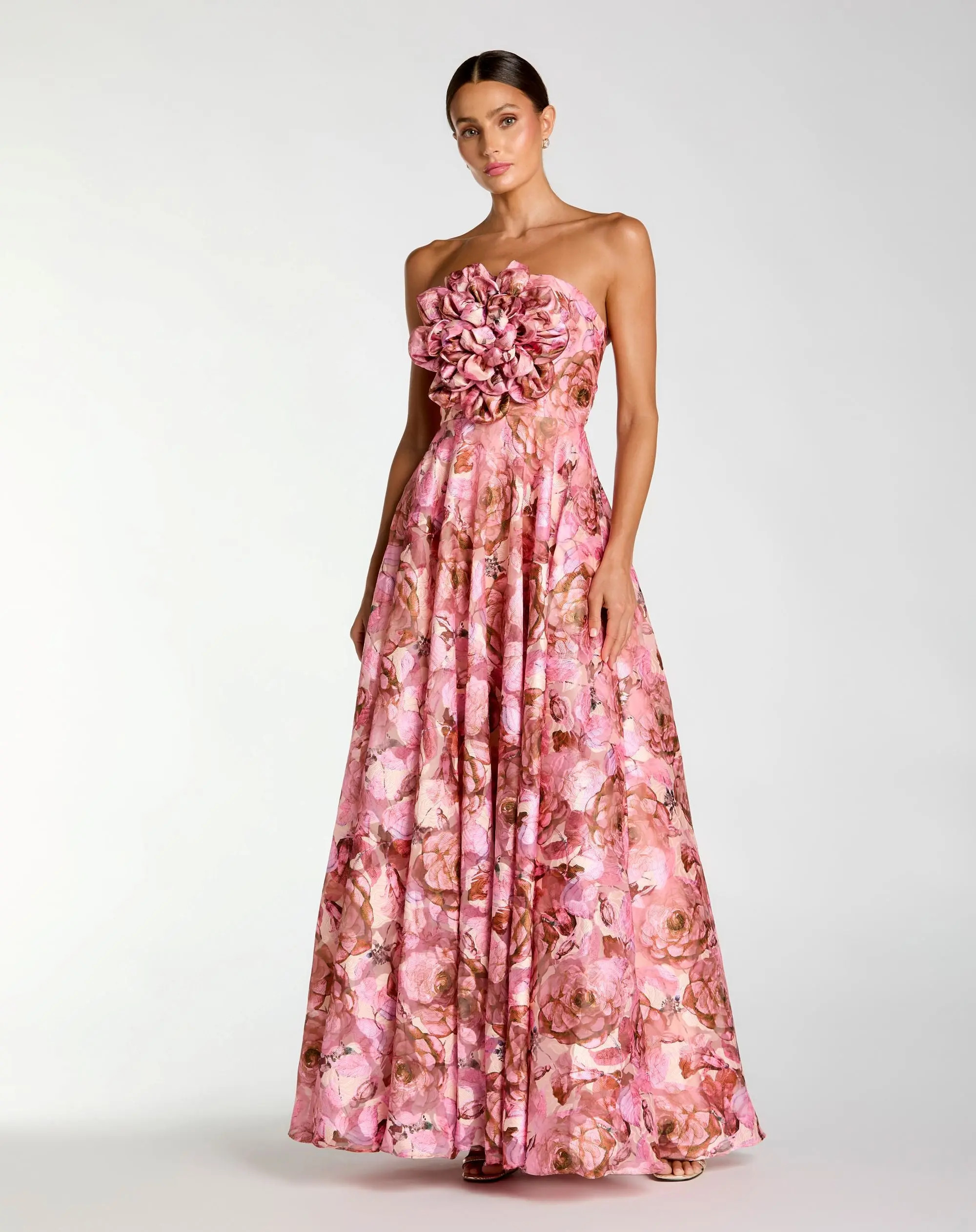 Pink Strapless Floral Printed A-Line Gown With 3D Flower | Mac Duggal | Mac Duggal