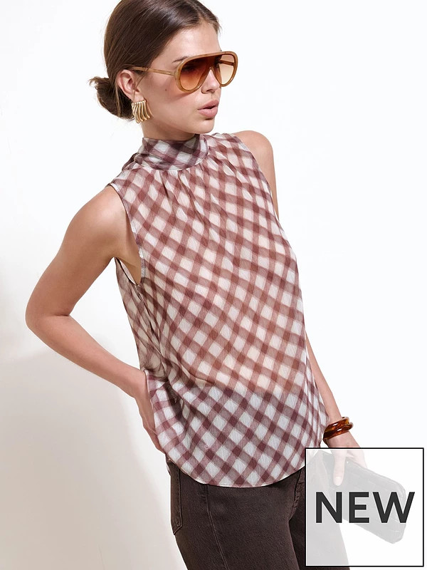 Friends Like These Check Print Sheer High Neck Tie Detail Blouse - Red | Very (UK)