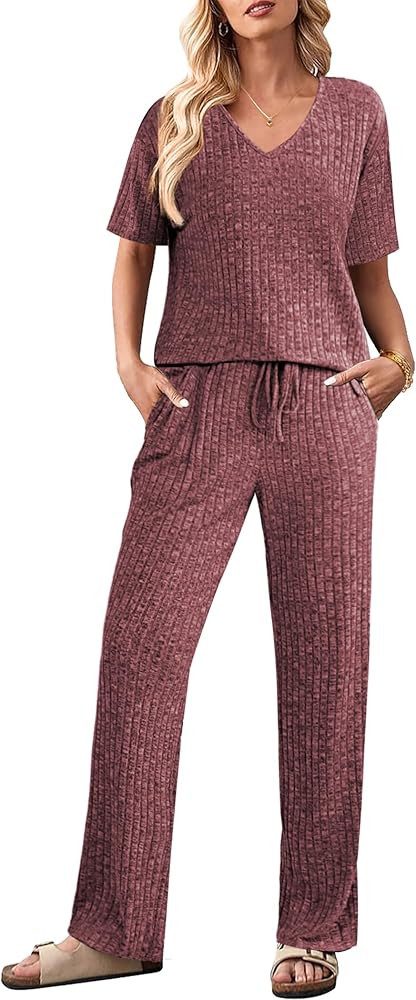 Ekouaer Lounge Sets for Women Short Sleeve Top and Long Pants Ribbed Knit Pajama Set 2 Piece PJ S... | Amazon (US)