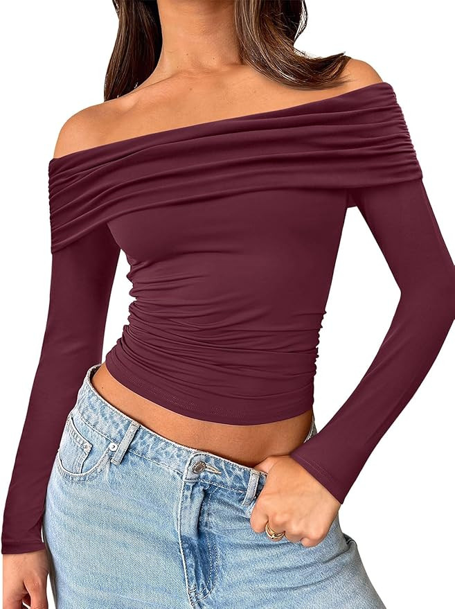 Trendy Queen Women Long Sleeve Shirts Off Shoulder Tops Going Out Crop Sexy Slim Fitted Y2K Fall ... | Amazon (US)