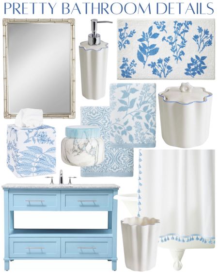 Blue and white bathroom decor 

Grandmillennial classic home 

Blue vanity, silver bamboo mirror, bathroom accessories blue towels bathmat tassel fringe shower curtain tissue box cover 

#LTKhome #LTKfamily #LTKstyletip