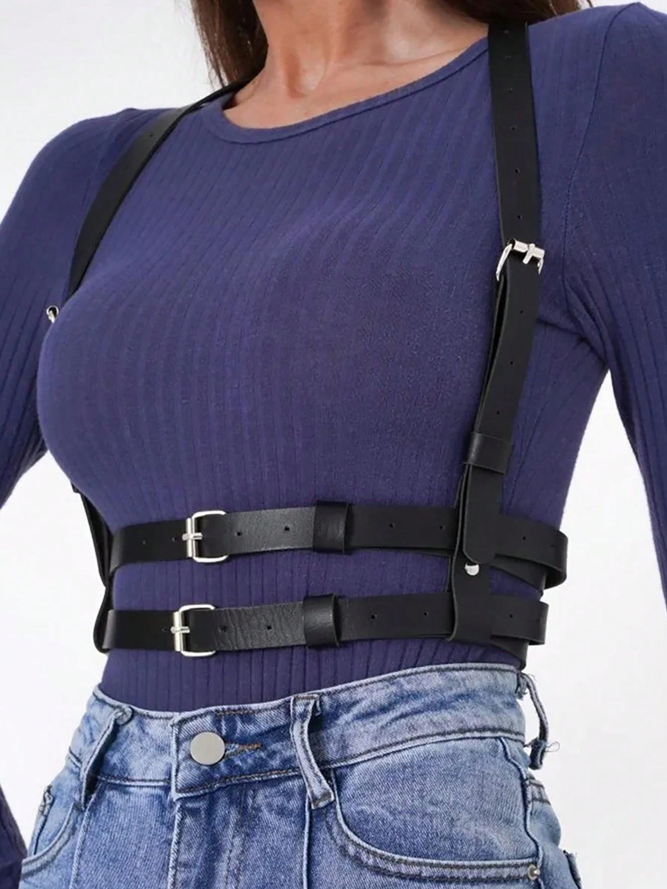 1pc Women's Black Leather Harness Style Fashionable Sexy Body Decoration Suitable For Daily Cloth... | SHEIN