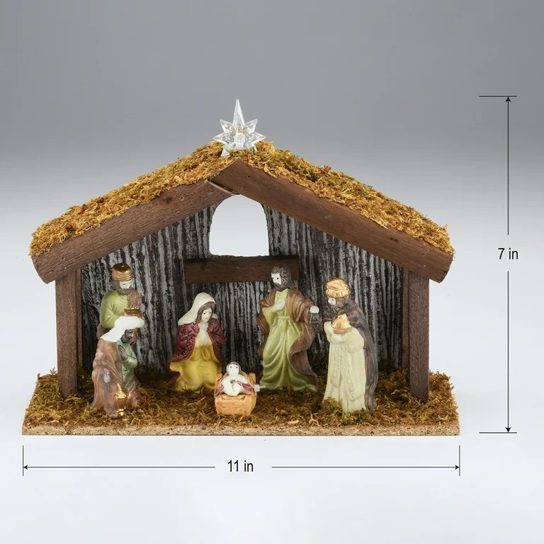 Battery-Operated LED Porcelain Indoor Nativity Scene Set with Wooden Stable, 8 Pieces, by Holiday... | Walmart (US)