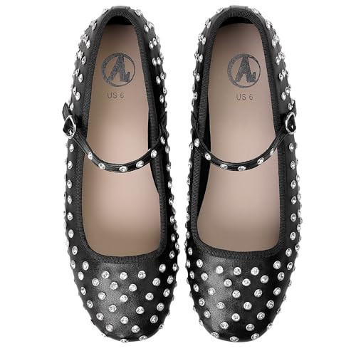 Bigwow Women's Buckle Ballet Flats Rhinestone Studded Mary Jane Flats Casual Dress Ballerina Flat Shoes for Women (Black, 6) | Amazon (US)