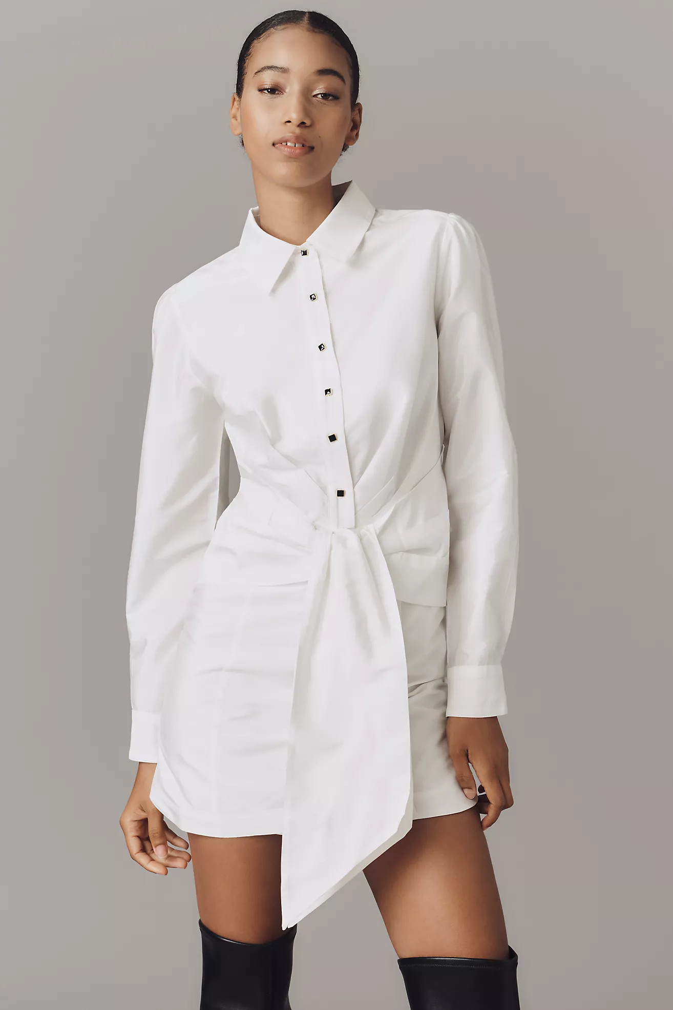 By Anthropologie Long-Sleeve Tie-Front Mini Shirt Dress | Anthropologie (US)