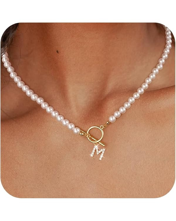 CAROVO Initial Toggle Pearl Necklace for Women Gold Chain Toggle Clasp Necklace for Women 14K Gol... | Amazon (US)