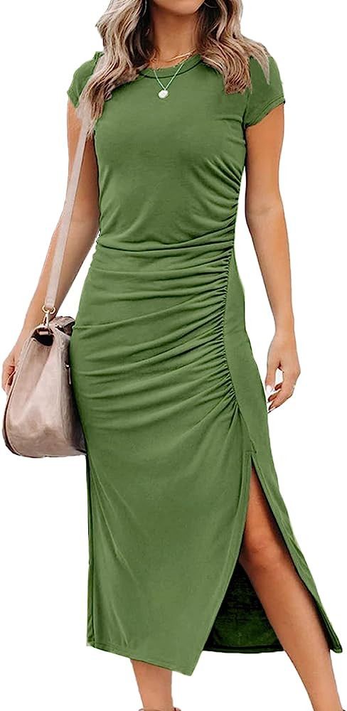 DEEP SELF Women's Short Sleeve Ruched Casual Summer Dress Bodycon Midi Dress Side Slit Dress Crew... | Amazon (US)