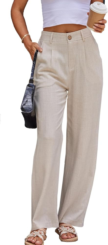 Fakanhui Women's Linen Dressy Work Casual Pants Summer Business Straight Wide Leg Cotton Linen Tr... | Amazon (US)