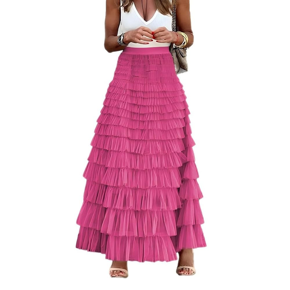 Womens Long Tulle Skirt A Line Ruffle Tiered Layered Skirts High Waisted Flowy Fairy Maxi Skirts | Amazon (US)