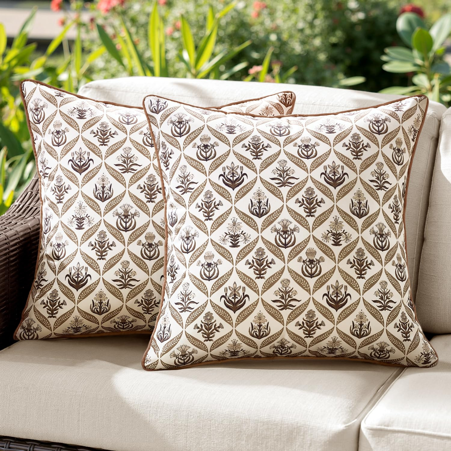 ANRODUO Floral Outdoor Pillow Covers 18x18 Waterproof Set of 2 Block Print Accent Decorative Cush... | Amazon (US)