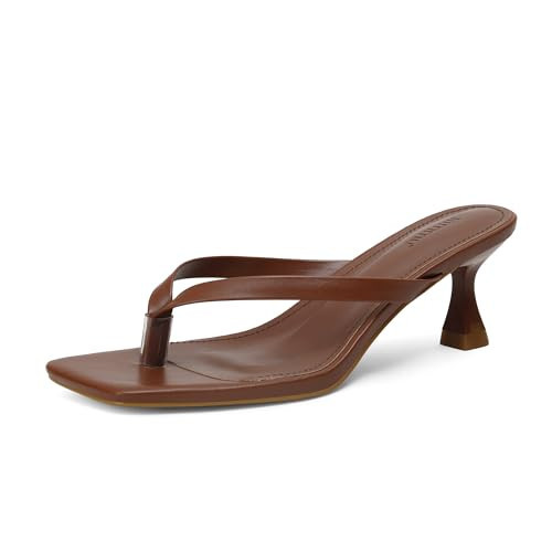 iiimmu Kitten Heels Flip Flops Heeled Thong Sandals for Women Square Open Toe with 2 Inch Low Heel, Brown, Size 11 | Amazon (US)