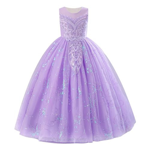 IDOPIP Sequin Appliques Flower Girl Dress for Kids Wedding Bridesmaid Pageant Party Formal Long Maxi Gown Big Little Princess First Communion Birthday Prom Shiny Puffy Tulle Dresses Purple 9-10 Years | Amazon (US)