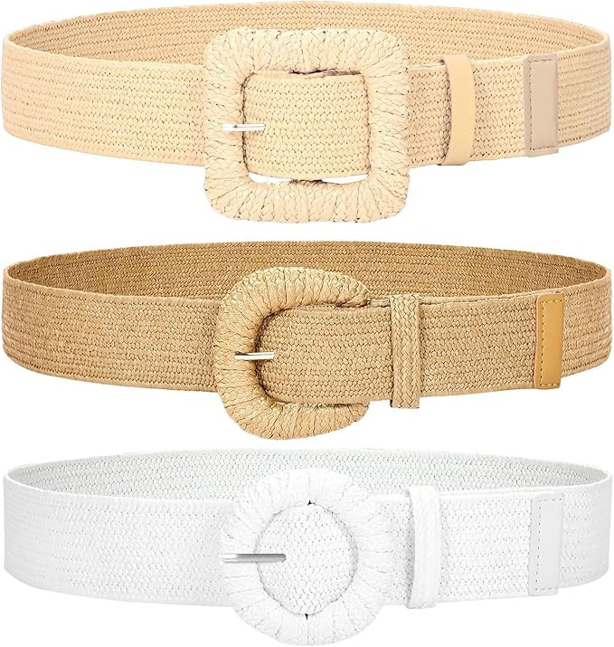 WHIPPY Set of 3 Straw Woven Elastic Belt for Women Stretchy Belts for Dress Boho Belt Rattan Wais... | Amazon (CA)