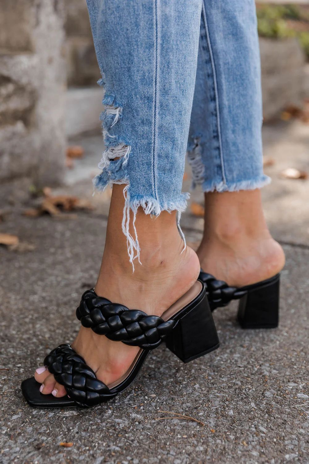 Andi Black Braided Double Strap Block Heels | Pink Lily
