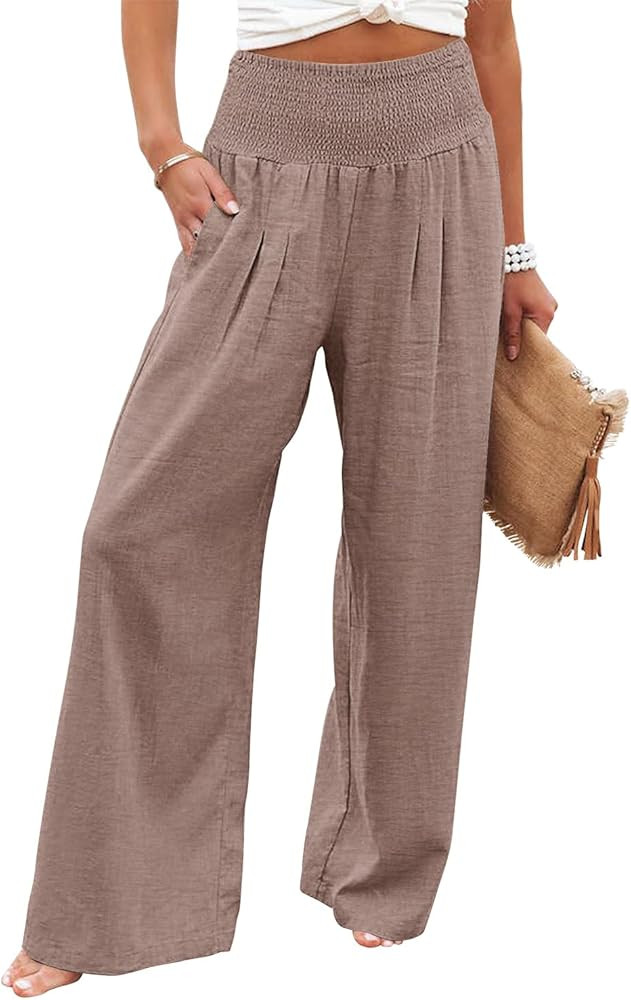 Angerella Womens Elastic High Waisted Palazzo Pants Casual Wide Leg Long Lounge Pant Trousers wit... | Amazon (US)