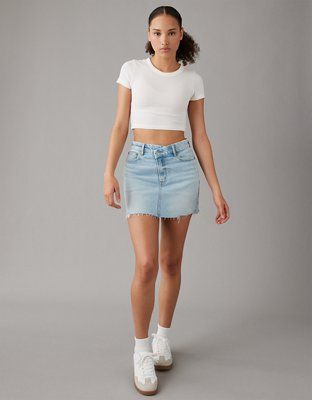 AE Stretch Curvy Crossover High-Waisted Perfect Denim Mini Skirt | American Eagle Outfitters (US & CA)