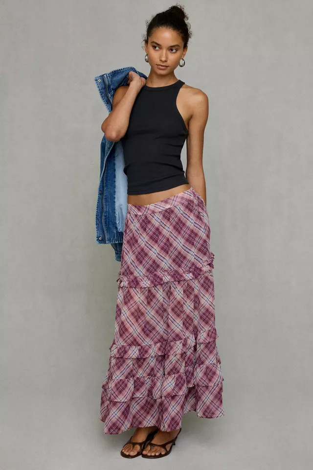 Kimchi Blue Yasmin Plaid Tiered Maxi Skirt in Purple, Women's at Urban Outfitters | Urban Outfitters (US and RoW)