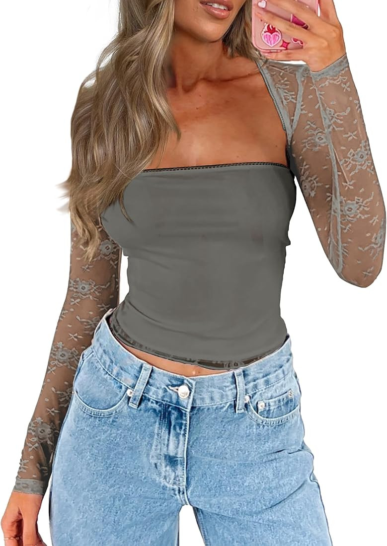 CSDAJIO Women's Floral Lace Long Sleeve Square Neck Crop Top T Shirt Strapless Tube Top and Boler... | Amazon (US)