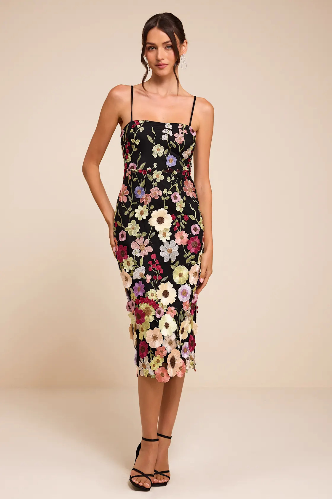 Thriving Energy Black 3D Floral Embroidered Lace-Up Midi Dress | Lulus
