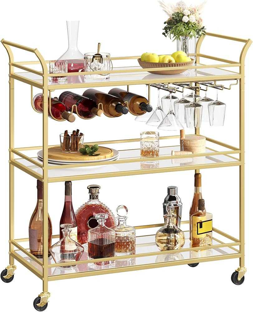 VASAGLE Bar Cart Gold, Large Home Bar Serving Cart with 3-Tier Mirrored Shelf, Wine Holders, Glas... | Amazon (US)