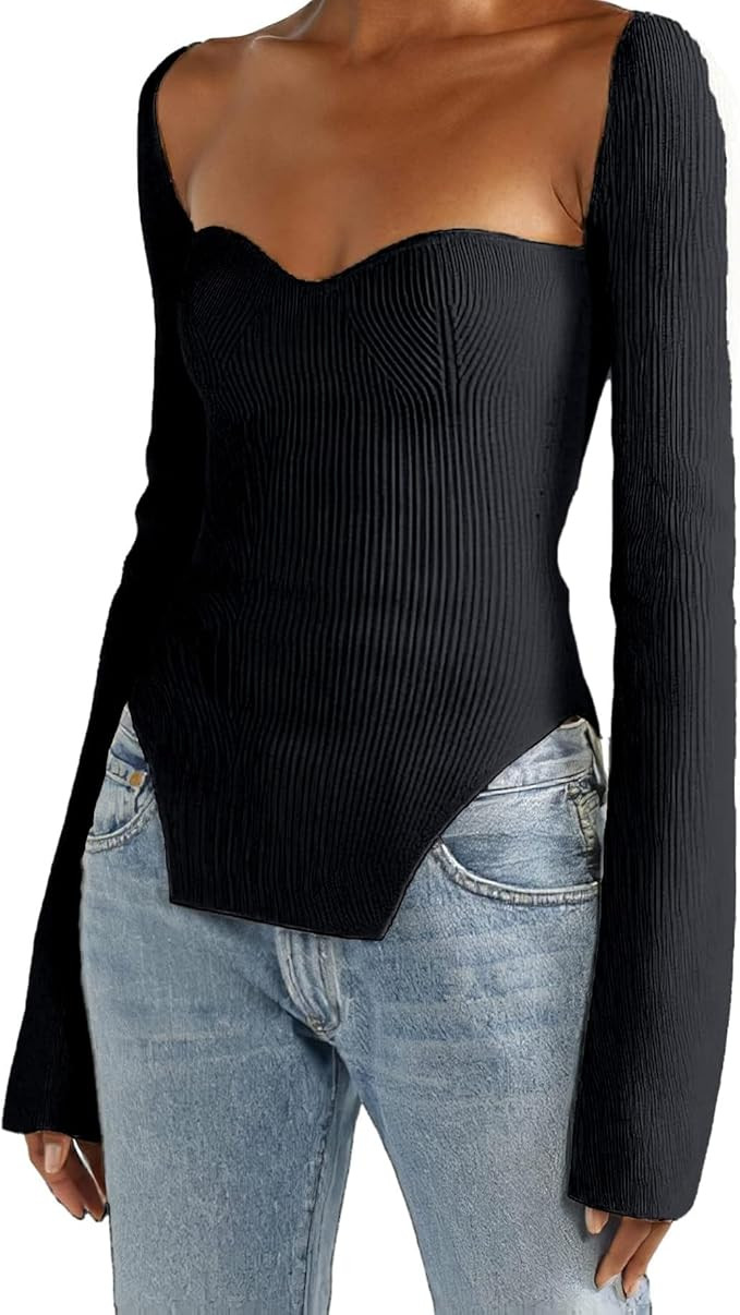 Women's Sweetheart Neck Sweater Trendy Casual Long Sleeve Bustier Corset Slim Fit Ribbed Knit Pul... | Amazon (US)