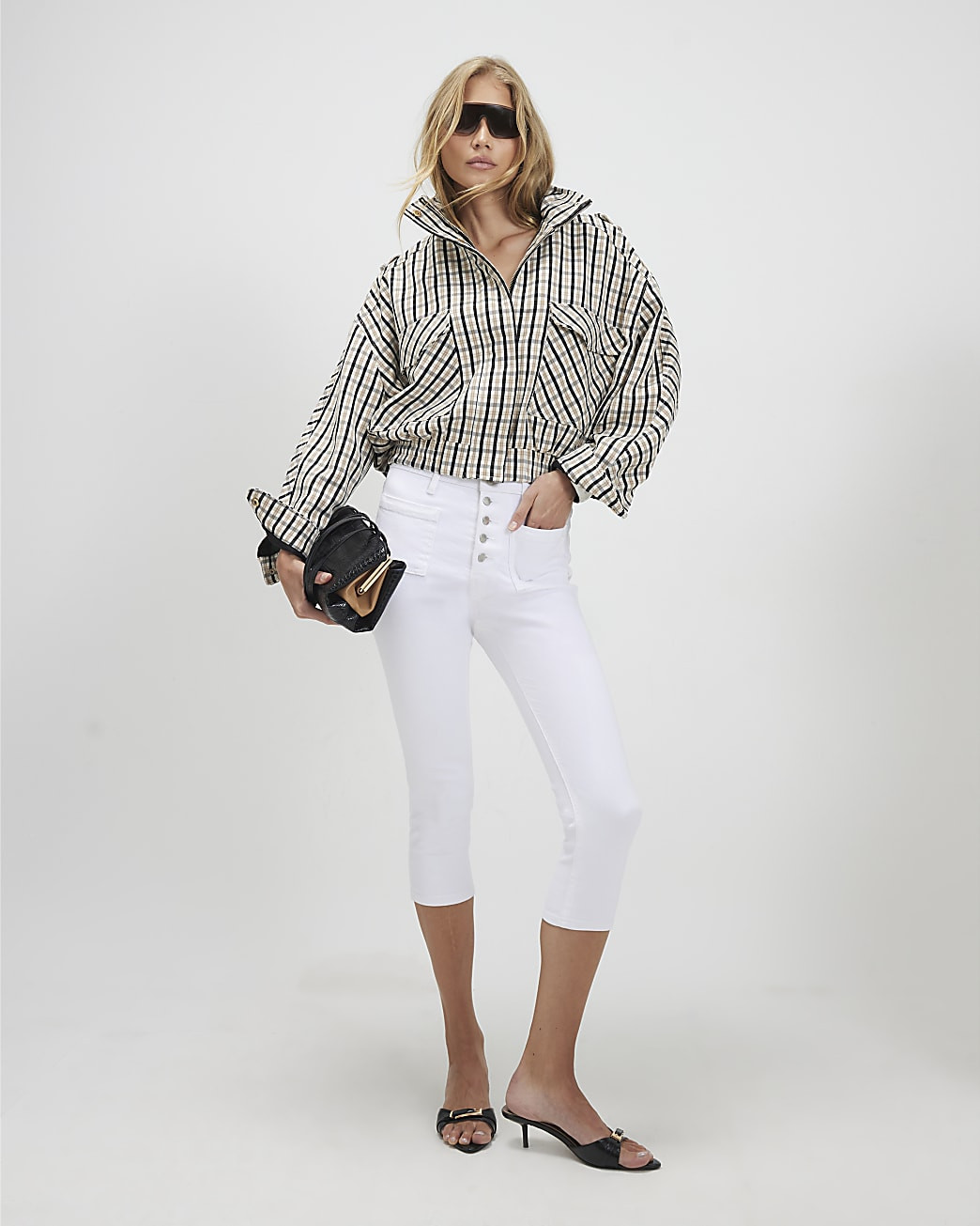 Cream Check Funnel Neck Bomber Jacket | River Island UK & IE