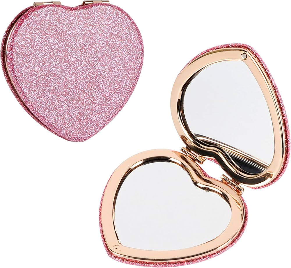 Compact Mirror Heart Shape for Women, Glittery Pink Double-Sided Purse Pocket Mirror with Gold Tr... | Amazon (US)
