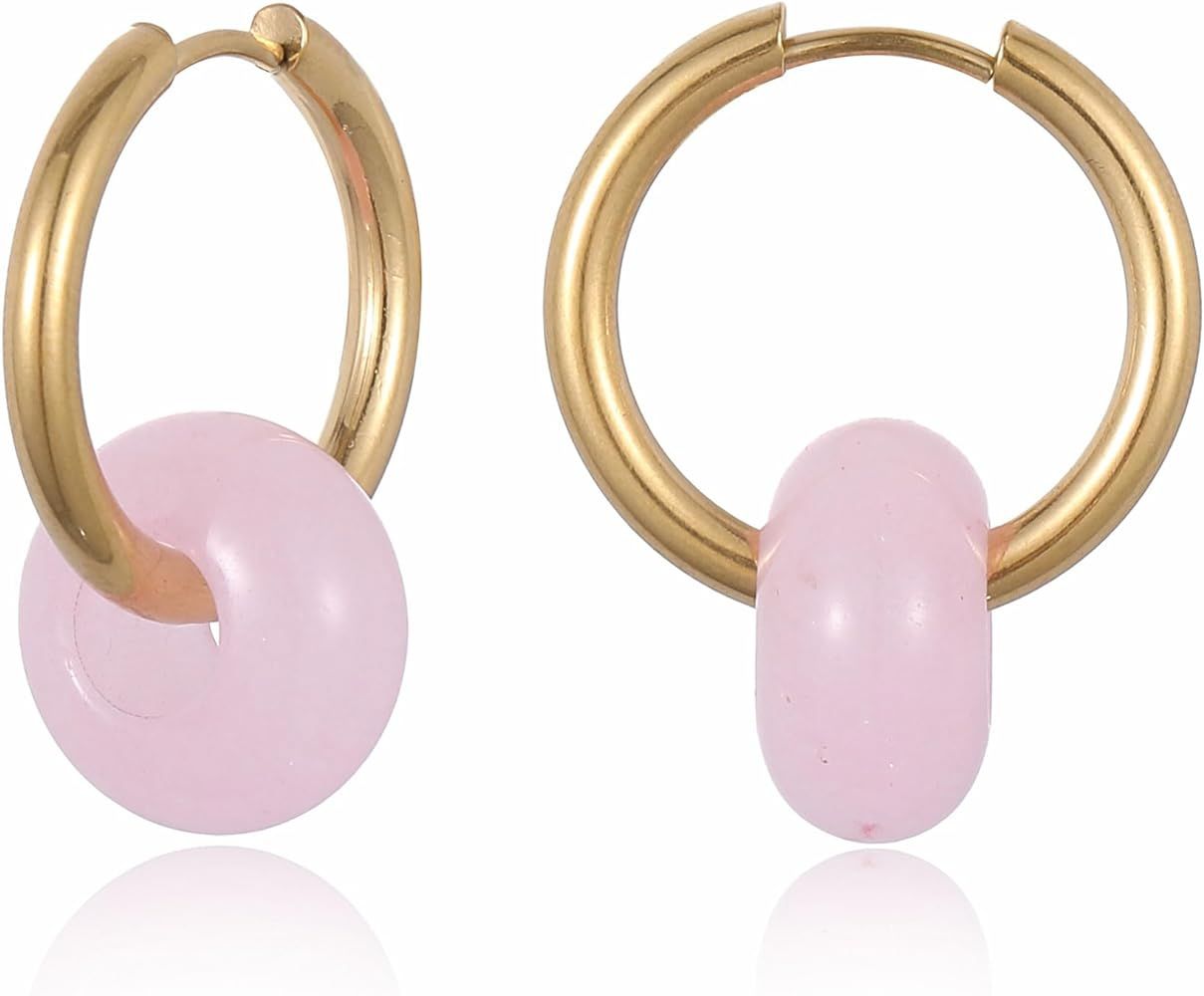 Vintage Colorful Chunky Hoop Earrings Cute Natual Stone Donut Dangle Huggie Earrings for Women | Amazon (US)