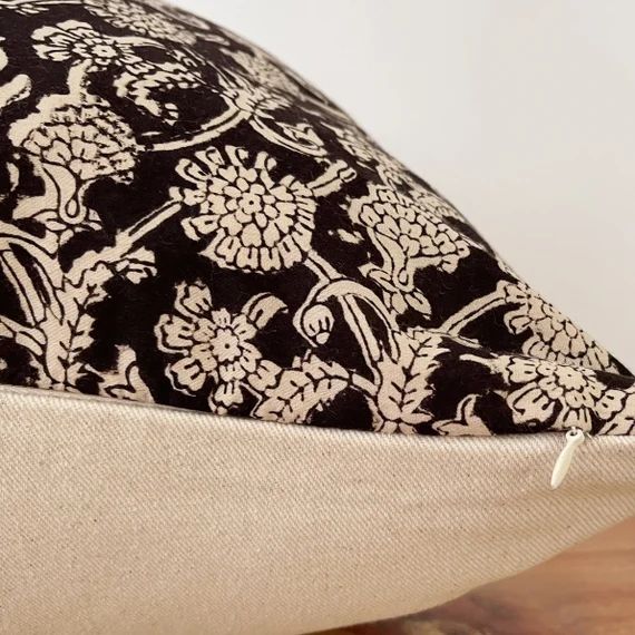 Hand block print pillow cover. Black and natural floral pillow cover. 20x20” | Etsy (US)