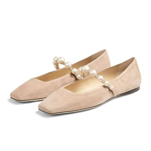 MIRAAZZURRA Nude Ballet Flats for Women Mary Jane Flats Square Toe Pearl Strap Retro Dress Shoes Size 10 | Amazon (US)