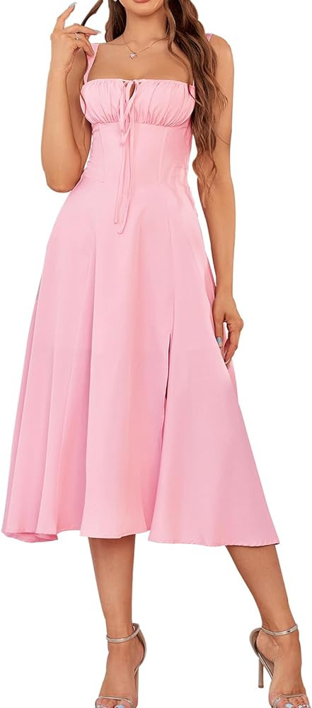 Floral Midi Corset Dress Boho Flowy Slit Lace Up Dresses for Women Going Out A Line Casual Sundre... | Amazon (US)