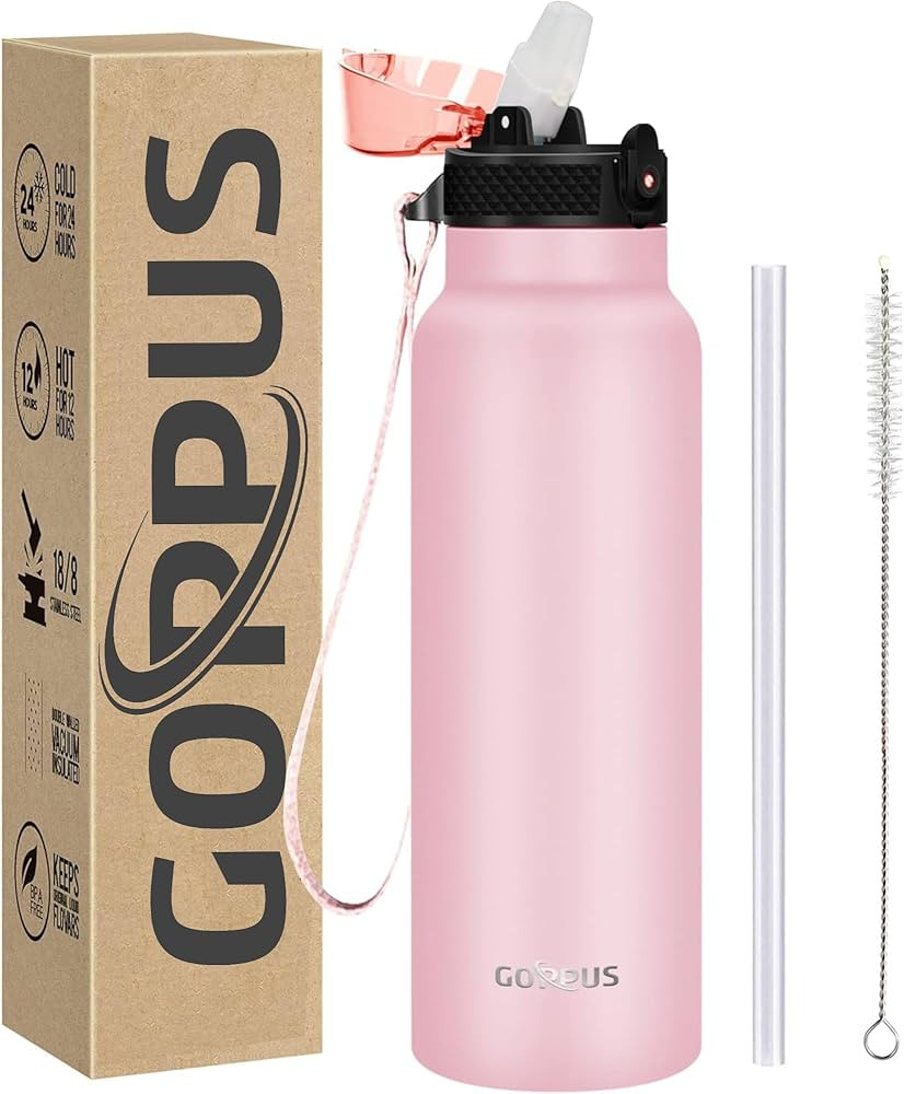 GOPPUS 24 oz Insulated Double Wall Vacuum Water Bottle With Straw Stainless Steel Sports Water Cu... | Amazon (US)