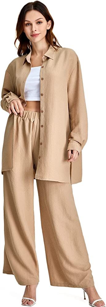 Floerns Women's 2 Piece Outfits Slit Hem Longline Blouse and Wide Leg Pants Set | Amazon (US)