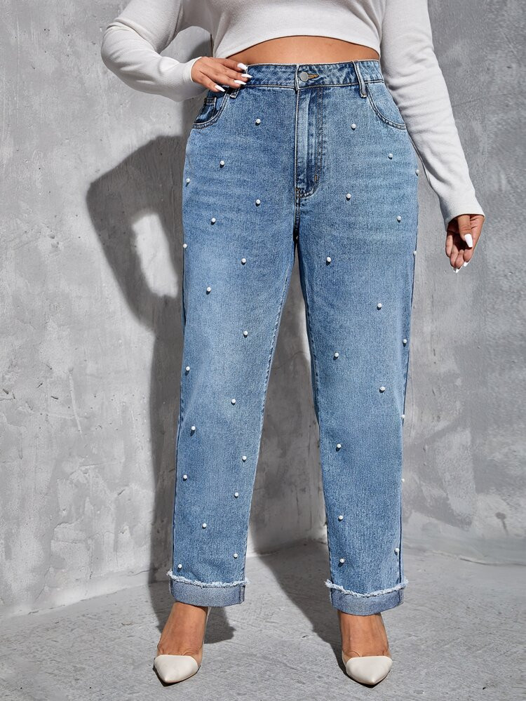 Plus High Waist Pearl Beaded Raw Cut Jeans | SHEIN