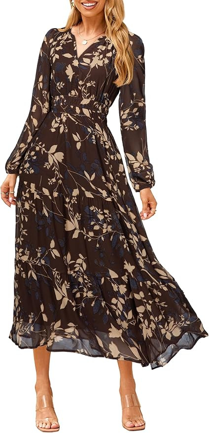 Simplee Women's Floral Boho Long Sleeve Maxi Dress V Neck Empire Waist Swing Flowy Wedding Guest ... | Amazon (US)