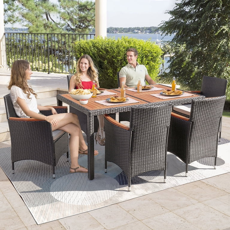 Lacoo 7 Pieces Outdoor Patio Dining Set with PE Rattan Wicker Dining Table and Chairs Acacia Wood... | Walmart (US)