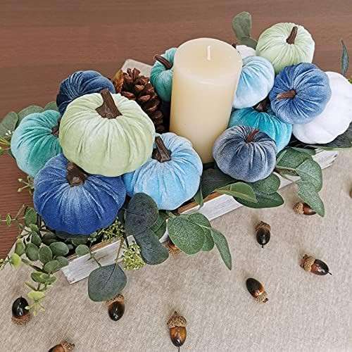Set of 16 Faux Assorted Velvet Pumpkins Decorative Teal Blue Green Gray Ivory Fabric Pumpkins Foam P | Amazon (US)