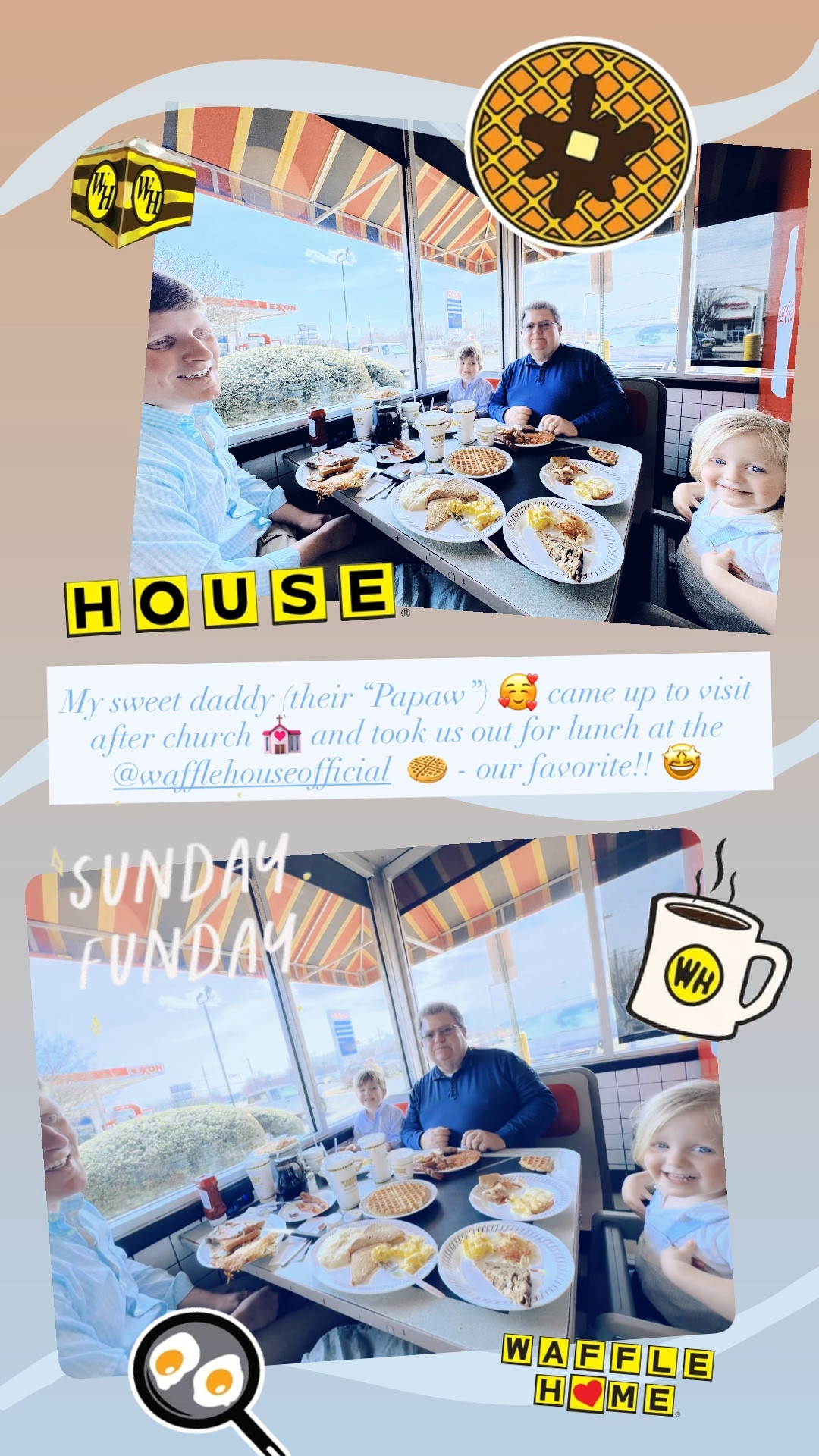 My sweet daddy (their “Papaw”) 🥰 came up to visit after church 💒 and took us out for lunch at the @wafflehouseofficial  🧇 - our favorite!! 🤩 