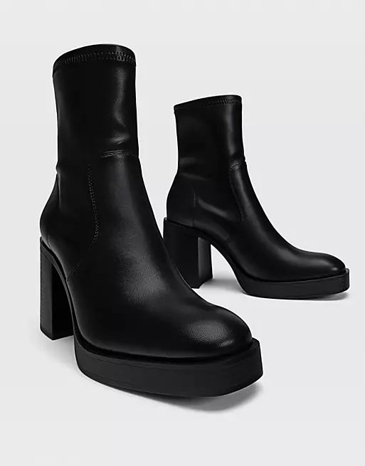 Stradivarius platform heeled ankle sock boot in black | ASOS | ASOS (Global)
