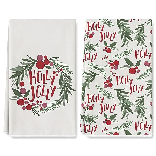 AnyDesign Christmas Kitchen Towel Holly Jolly Dish Towel 18 x 28 Inch Holly Berry with Leaves Hand Drying Tea Towel for Xmas Cooking Wiping, 2Pcs | Amazon (US)