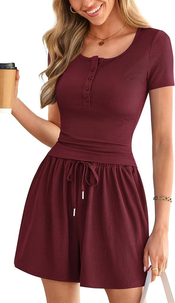 PRETTYGARDEN 2 Piece Sets For Women Summer Short Sleeve Button Up Shirts Drawstring Elastic Waist... | Amazon (US)