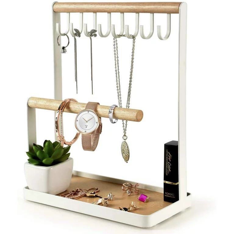 TINGOR Jewelry Stand Holder, 3-Tier Necklace Hanging Wooden Ring Organizer Earring Tray, 8 Hooks ... | Walmart (US)