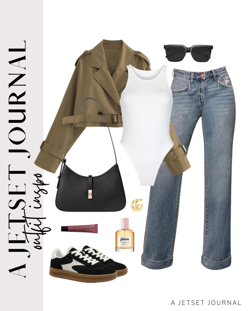Another outfit idea is a dark khaki cropped trench coat over a bodysuit. You can pair it with jeans and Vilanva sneakers for a chic look on your next trip. Don’t forget to grab this shoulder bag and your large square sunglasses from Fozono. 

 #LTKSeasonal #LTKSaleAlert #LTKTravel
