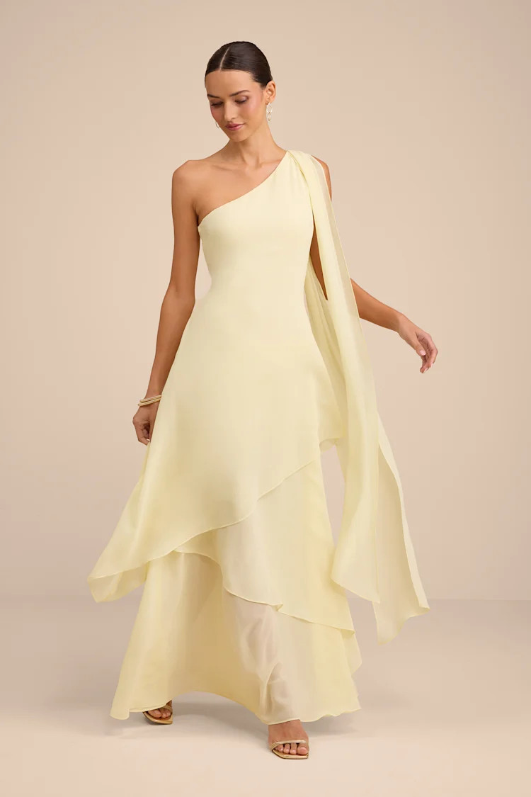 Camellia Light Yellow One-Shoulder Bow Maxi Dress | Lulus