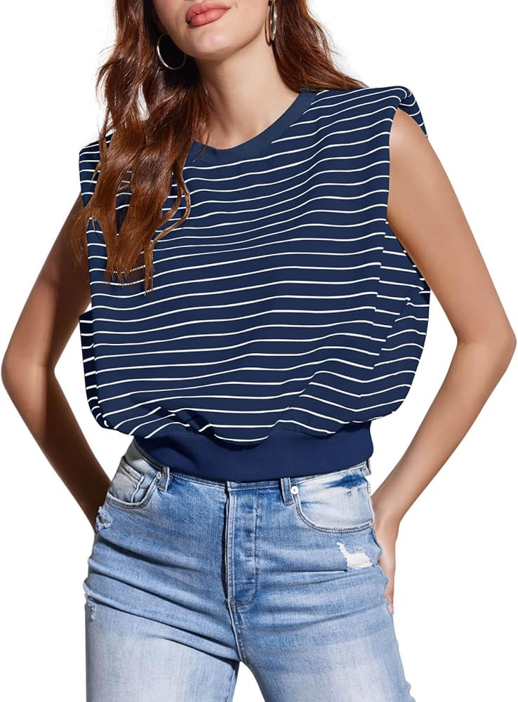 Tankaneo Women's Stripped Tank Tops Crewneck Casual Summer Sleeveless Vest with Shoulder Pads | Amazon (US)