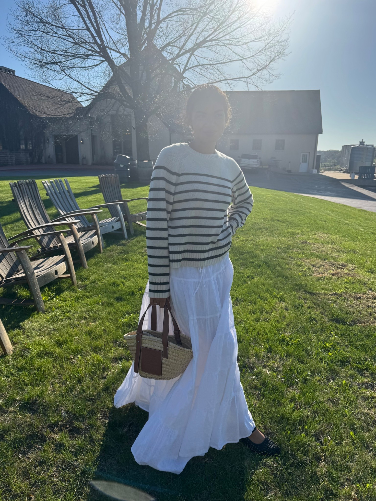 Spring outfit: White skirt, striped sweater, straw bag

#LTKootd