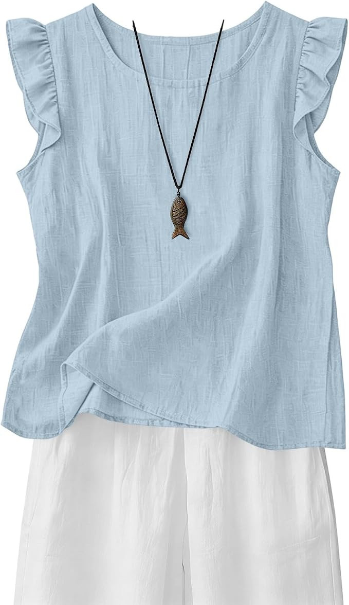 Linen Tank Tops for Women 2026 Summer Gauze Comfy Ruffle Sleeve Cotton Linen Shirts Loose Fit Cam... | Amazon (US)