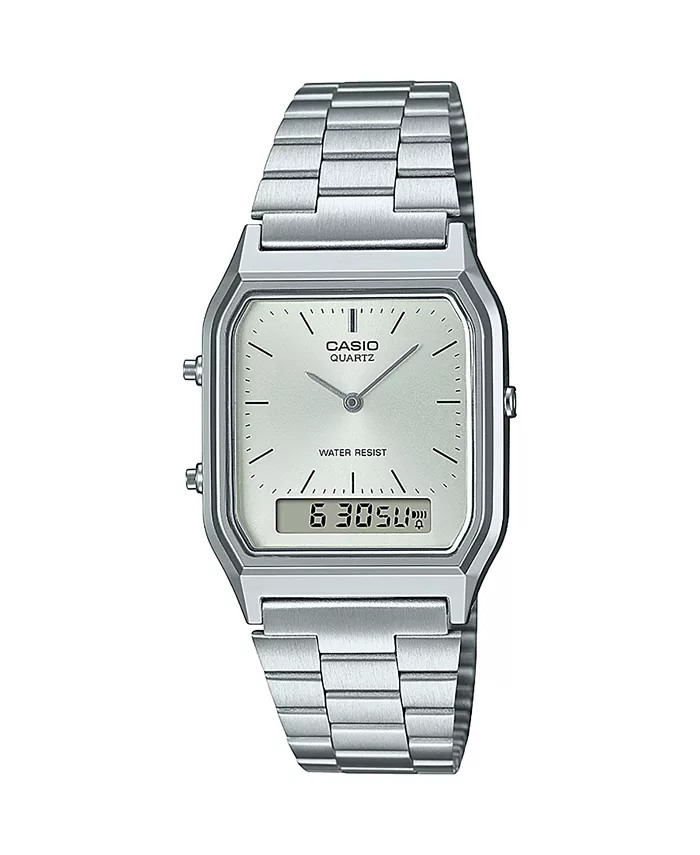 Unisex Analog Digital Casio Silver-Tone Color Stainless Steel Watch, 29.8mm, AQ230A-7AVT | Macy's