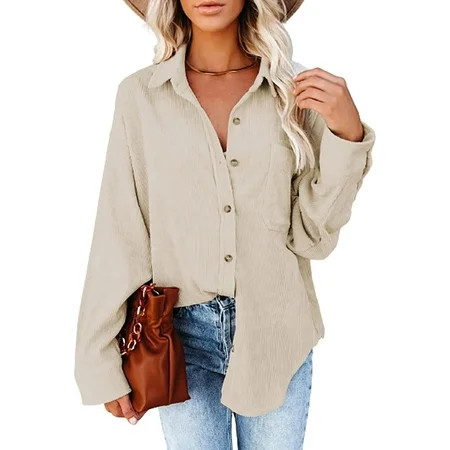 Womens Corduroy Button Down Shirts Shacket Boyfriend Long Sleeve Oversized Blouses Tops Casual Collared Jacket | Walmart (US)