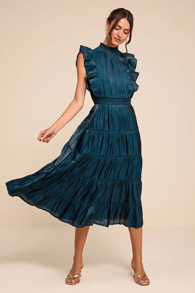 Take a Glance Emerald Green Tiered Mock Neck Midi Dress | Lulus